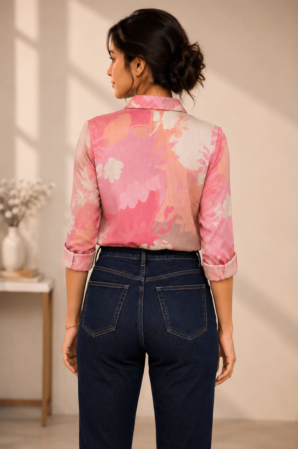 Blush Bloom Pink Floral Printed Satin Shirt - Image 2