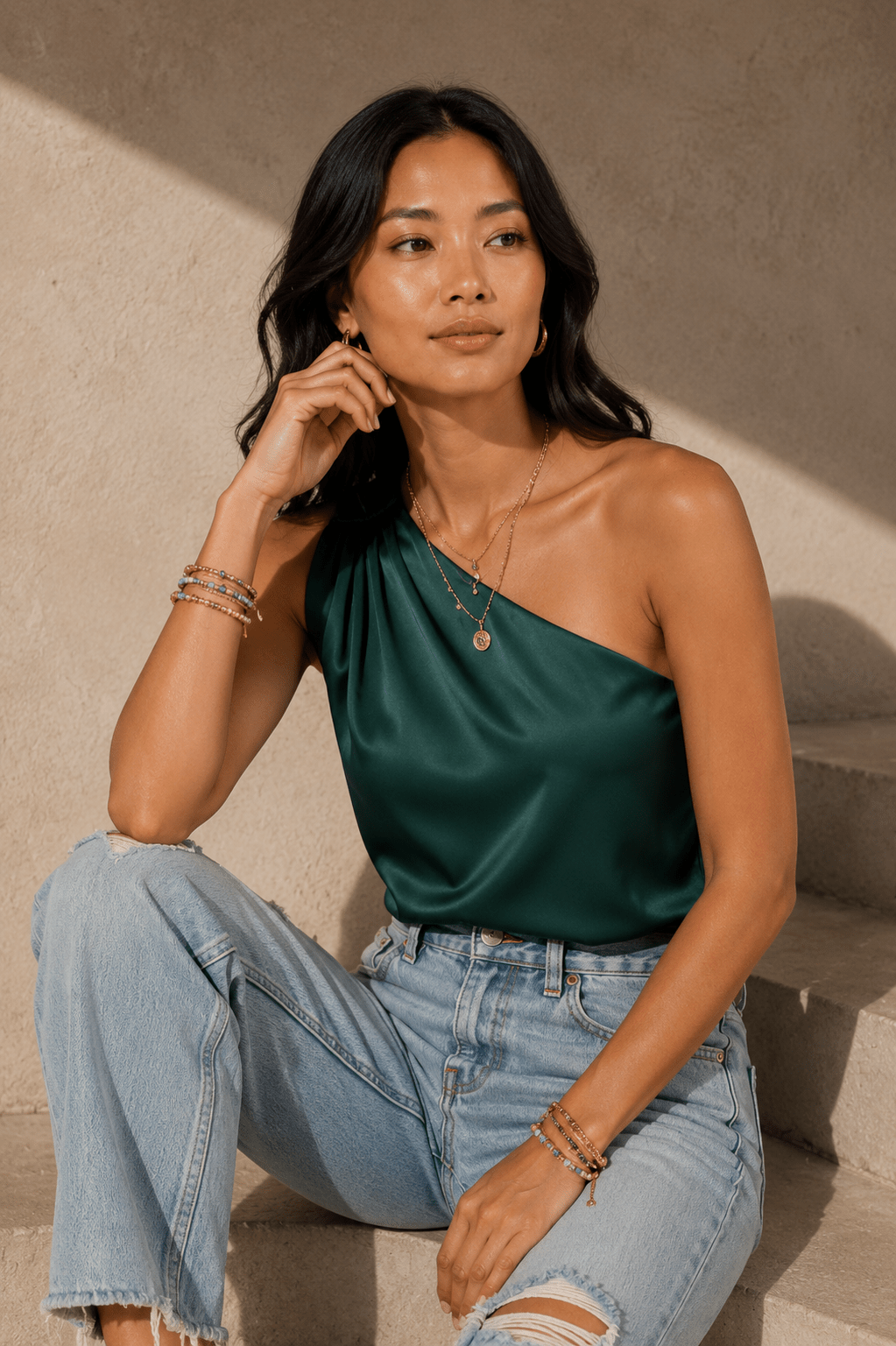 Emerald Muse One-Shoulder Satin Top - Image 2