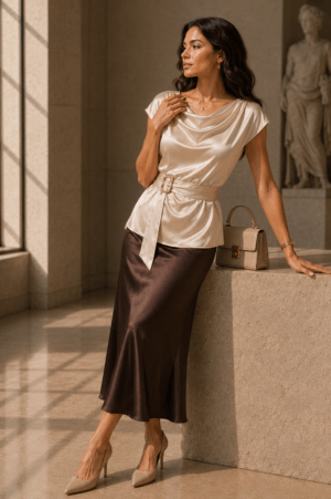 Champagne Satin Draped Waist Top