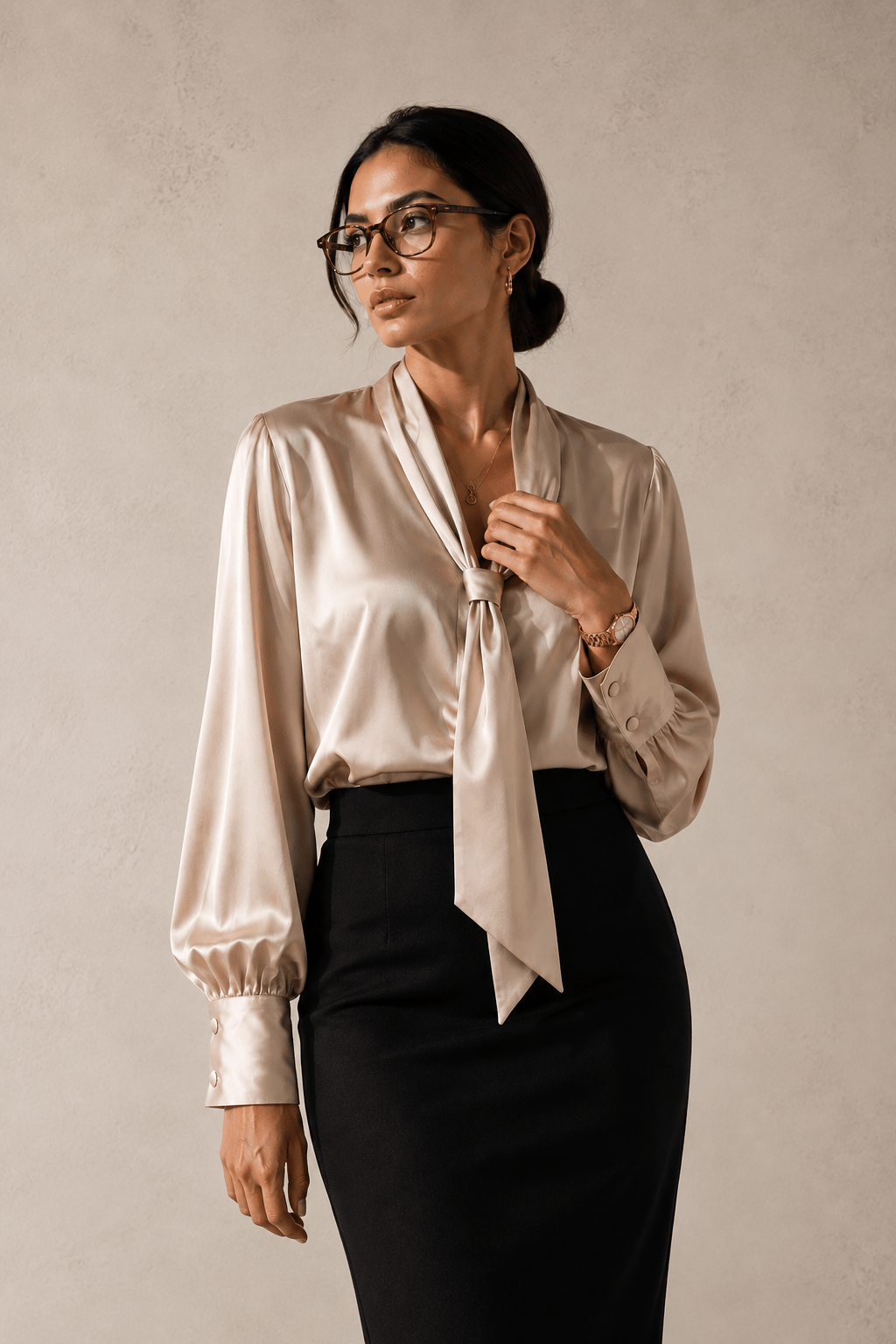 champagne-satin-tie-neck-formal-top