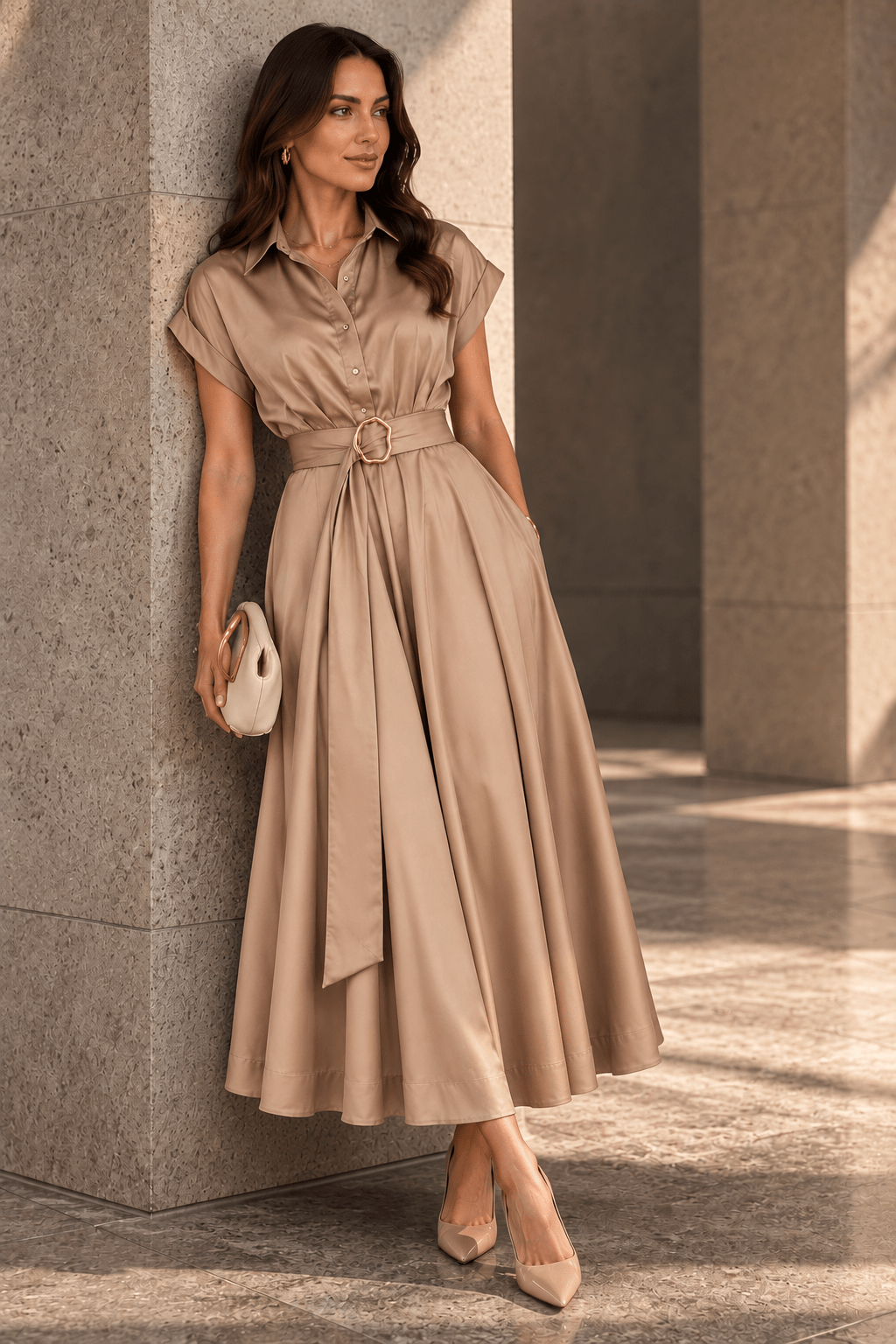 Mocha Satin Belted Shirt Maxi Dress - Image 2