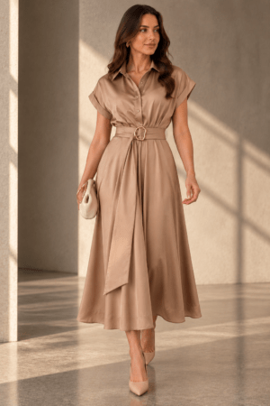Mocha Satin Belted Shirt Maxi Dress