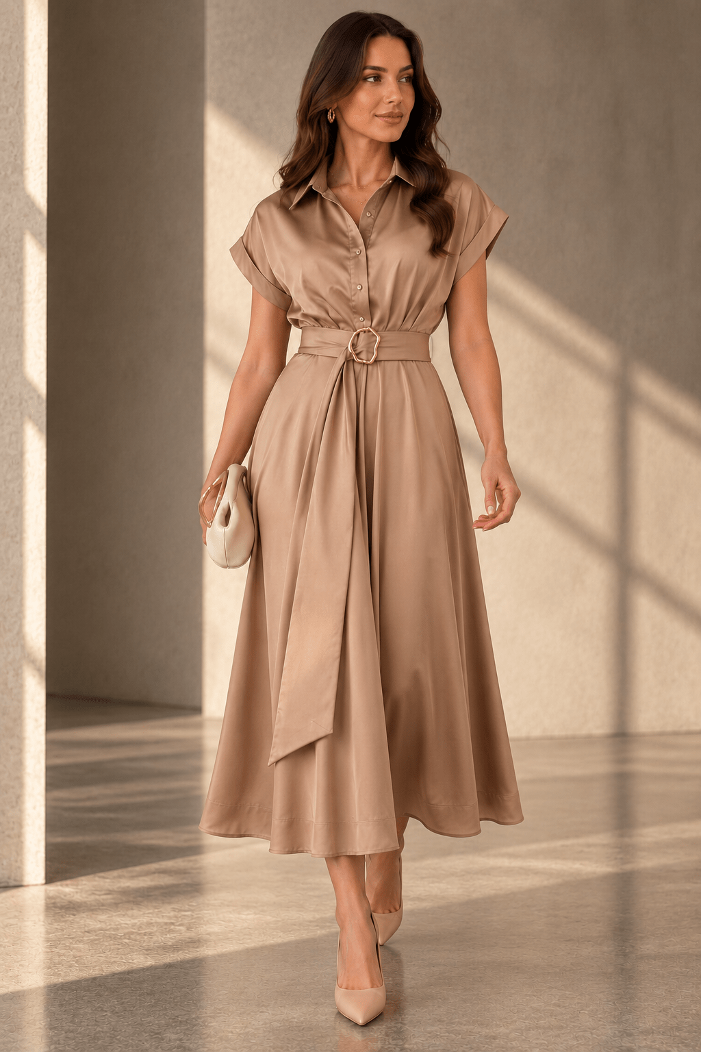 mocha-satin-belted-shirt-maxi-dress