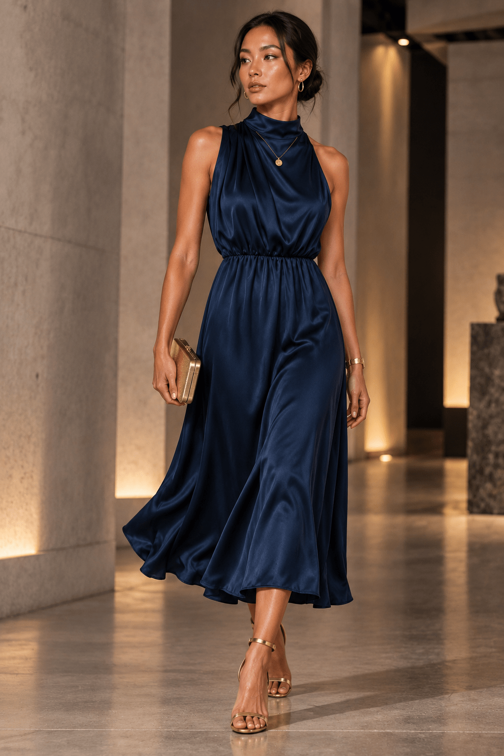 Navy Satin Draped Midi Dress - Image 2
