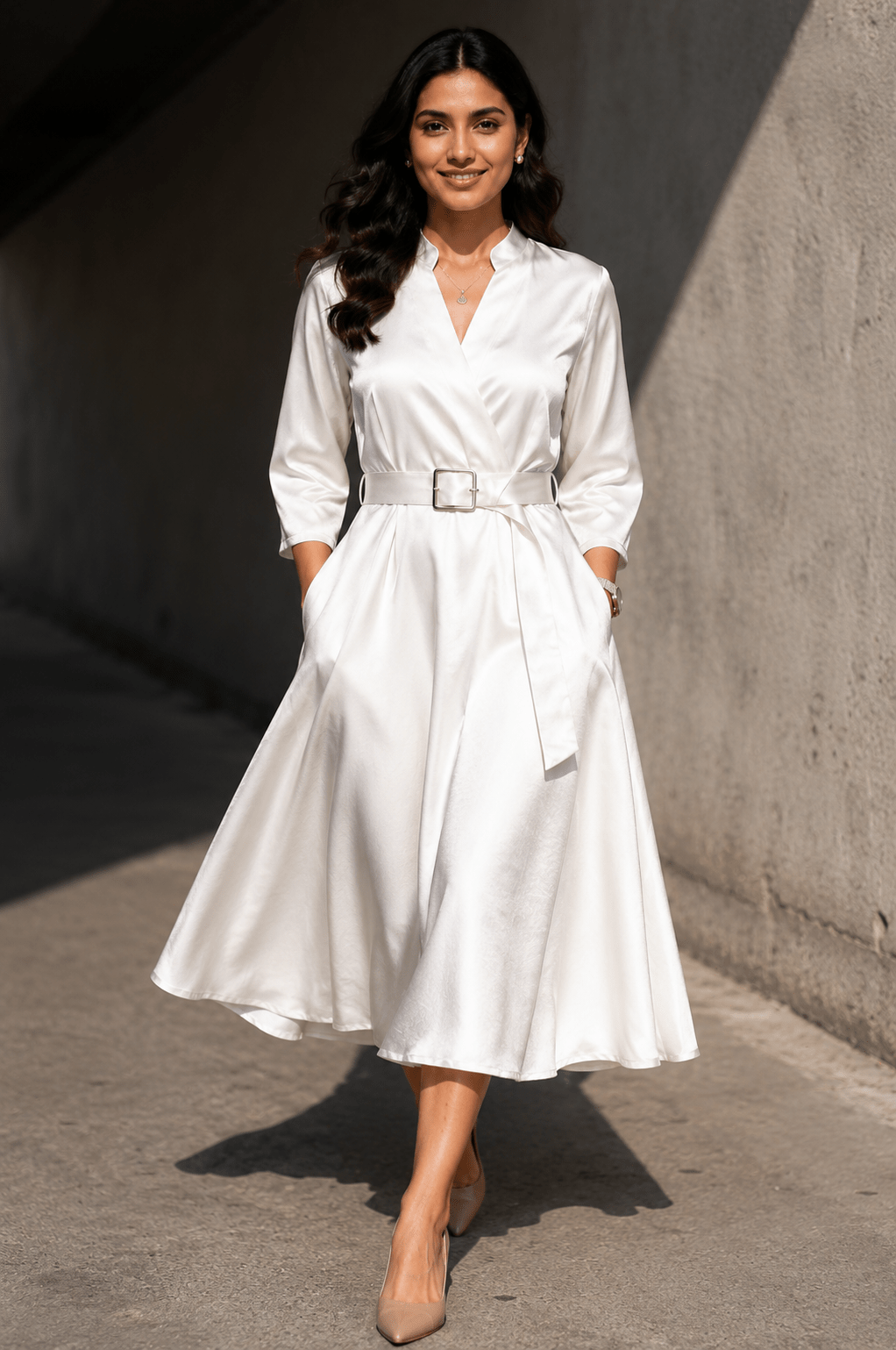pearl-white-satin-flare-dress