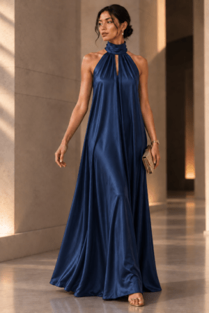Satin Tie-Neck Evening Dress
